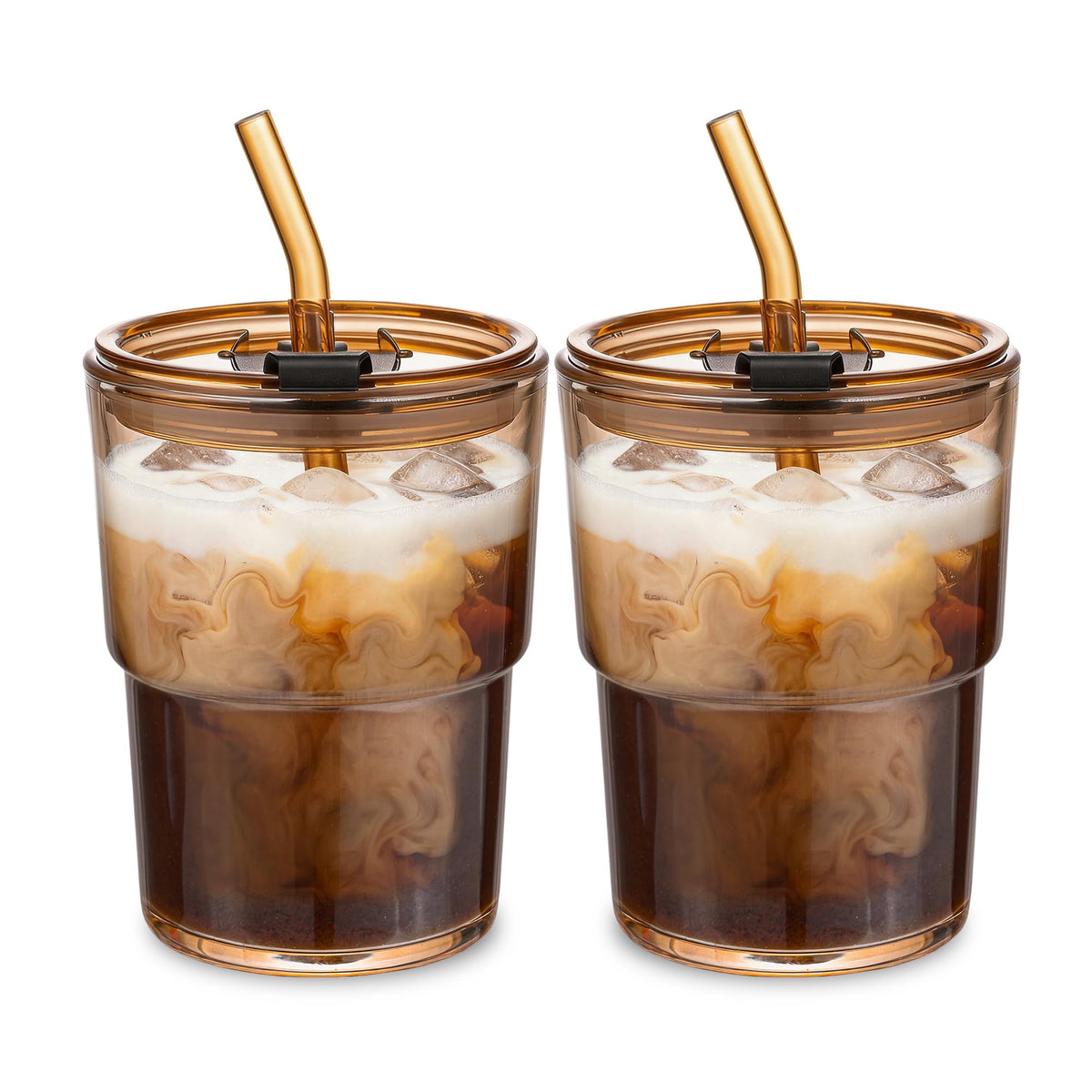 13oz Glass Tumbler with Straw and Lid Sealed, Carry On Reusable Iced Coffee Cups,Thick Wall Glass Coffee Drinking Glassware Cups