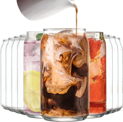 Le'raze Set of 10 Patented Can Shaped® Drinking Glasses - 16oz Clear Irish Glass Cups for Margarita, Cocktails, Iced Coffee, Tea, Soda, Whiskey, Water and Beer.
