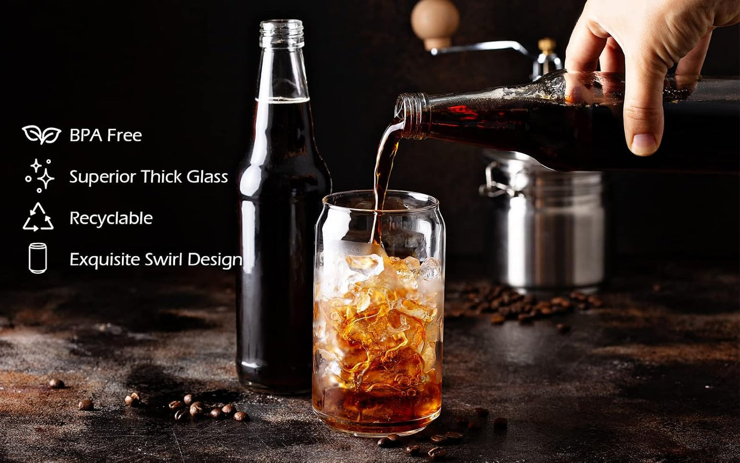 Drinking Glasses with Lid, Straw, 16oz Glass Cup Iced Coffee Tumblers, 1 Pc | Sleeve, Can Shaped, High Borosilicate Glass Drinking Set, Hot/Cold Beverages, for Beer, Tea, Juice, Gift, Bar Accessories