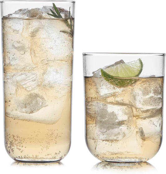 Polaris Axis Tumbler & Rocks Drinking Glasses Set of 16, Glass Cups | 17.75 oz and 15 oz Capacities for Water, Juice, Cocktails, and More with Dishwasher-Safe Convenience for Easy Cleanup