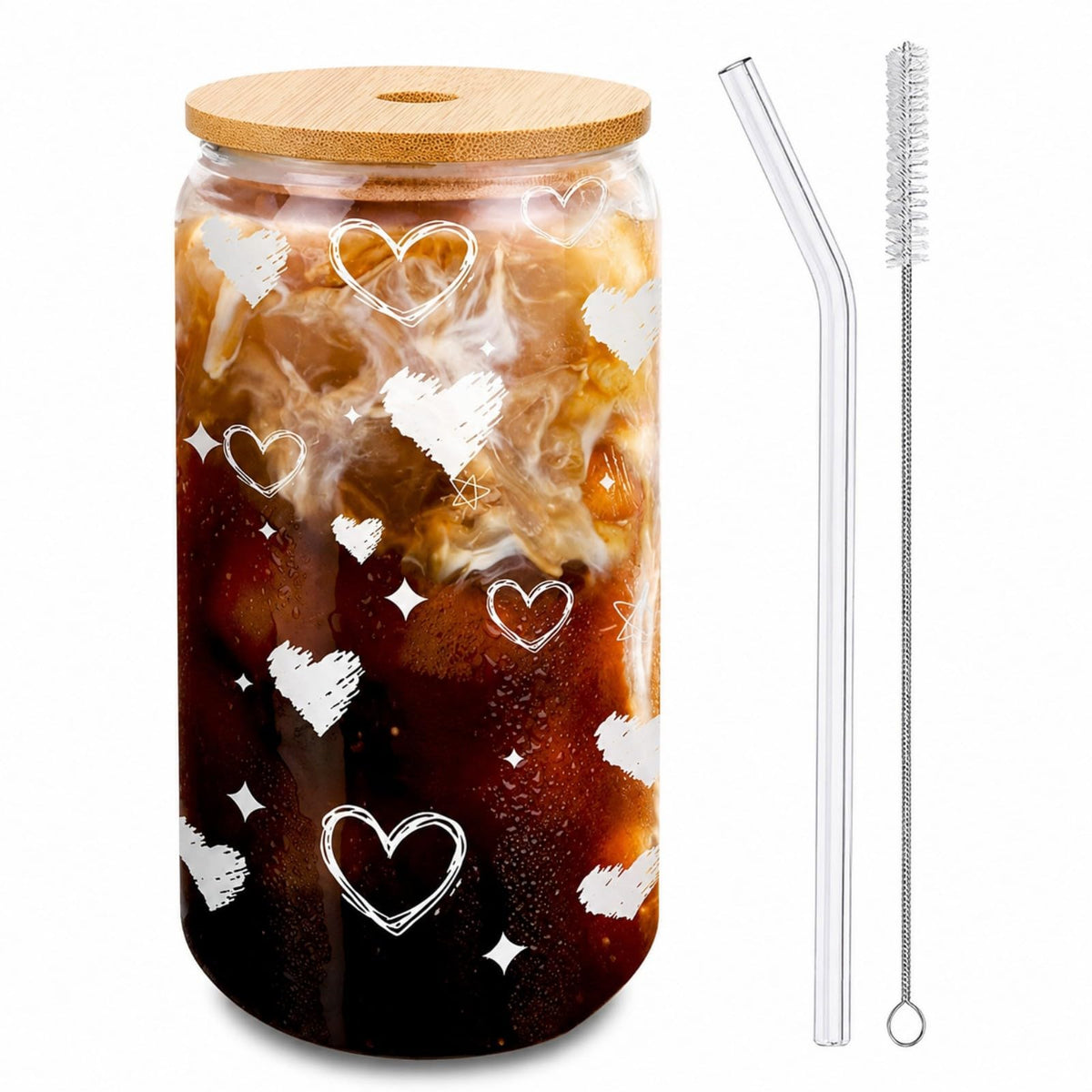 Glass Cups with Lids and Straws 1 Pack, 16 oz Glass Coffee Cup with Bamboo Lid, Glass Straw and Cleaning Brush, Iced Coffee Cup for Matcha, Soda, Tea and Daily Drinks