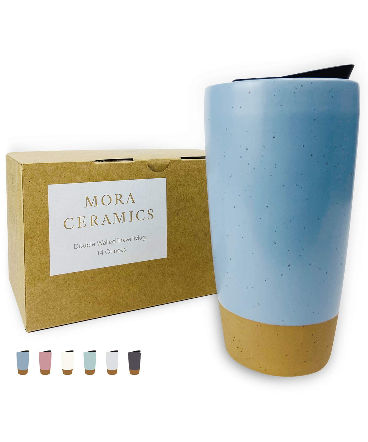 Mora Double Wall Ceramic Coffee Travel Mug with Lid, 14 oz, Portable, Microwave, Dishwasher Safe, Insulated Reusable Tall Cup, Splash Resistant Lid - To Go Tumbler for Car Cup Holder, Nightwaves