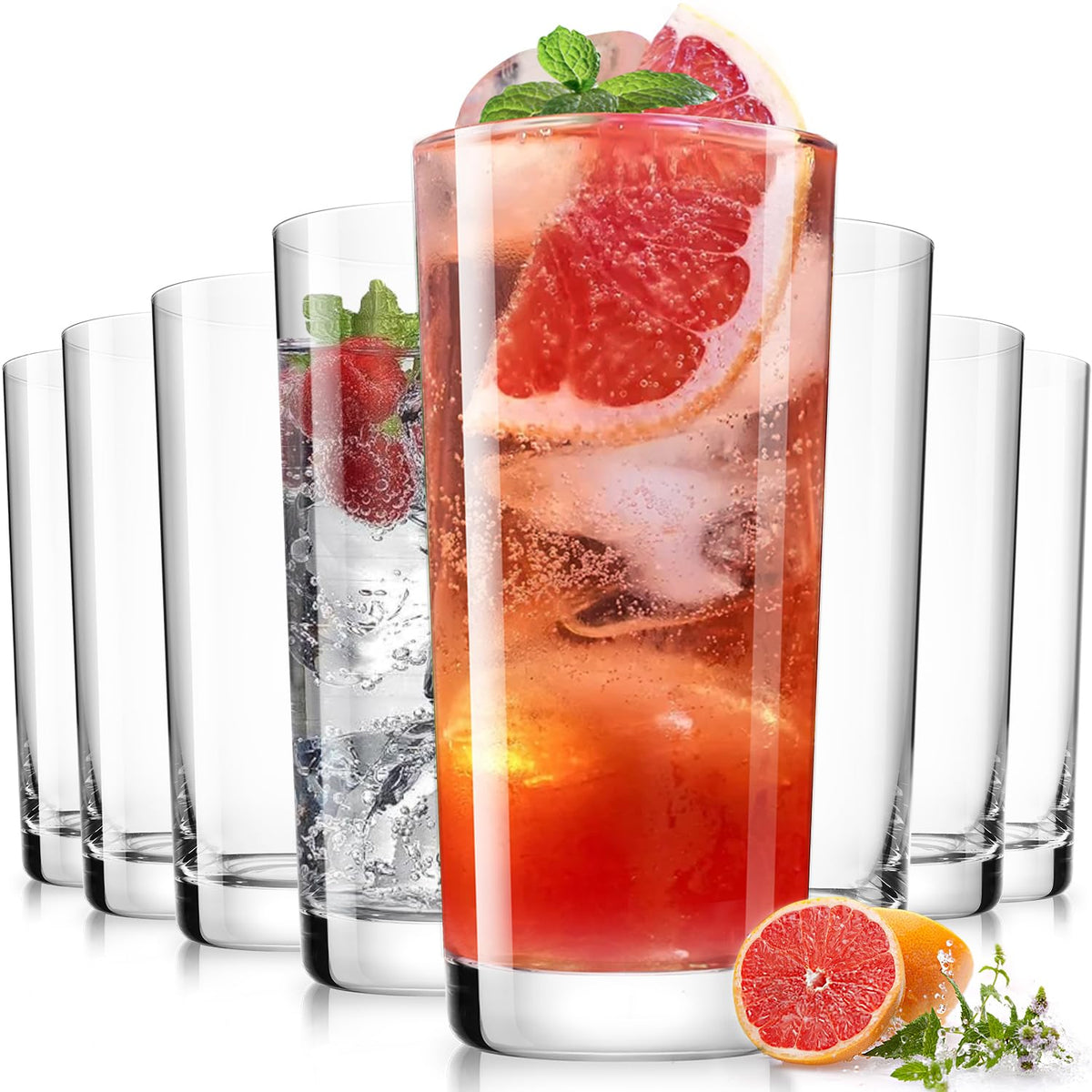 Drinking Water Glass Cups Set,Crystal Highball Glasses cups set of 8,16oz | Wide Mouth Design Tall Glassware for Cocktail Parties, Family Dinners