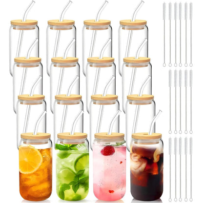 Glass Cups with Lids and Straws 1 Pack, 16 oz Glass Coffee Cup with Bamboo Lid, Glass Straw and Cleaning Brush, Iced Coffee Cup for Matcha, Soda, Tea and Daily Drinks