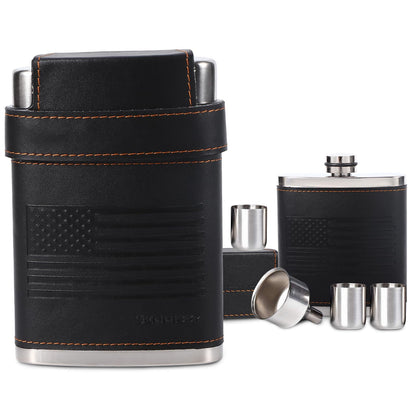 GENNISSY 8oz Hip Flask for Men - 304(18/8) Stainless Steel Bourbon Whiskey Flask, Leakproof with Brown Leather Wrap - Includes Funnel & 3 Mini Cups for Dad, Gifts, Travel