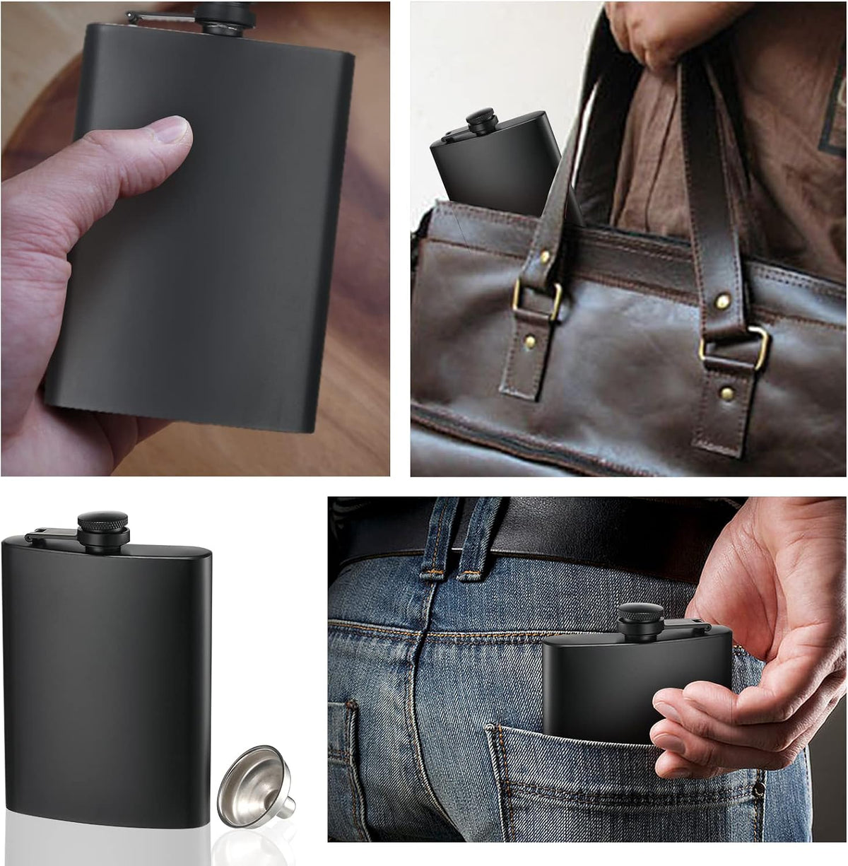 2 Pack Hip Flasks for Liquor, 8 Oz & 12 Oz Stainless Steel Leakproof Thin Flasks with Funnel for Men & Women (Matte Black)