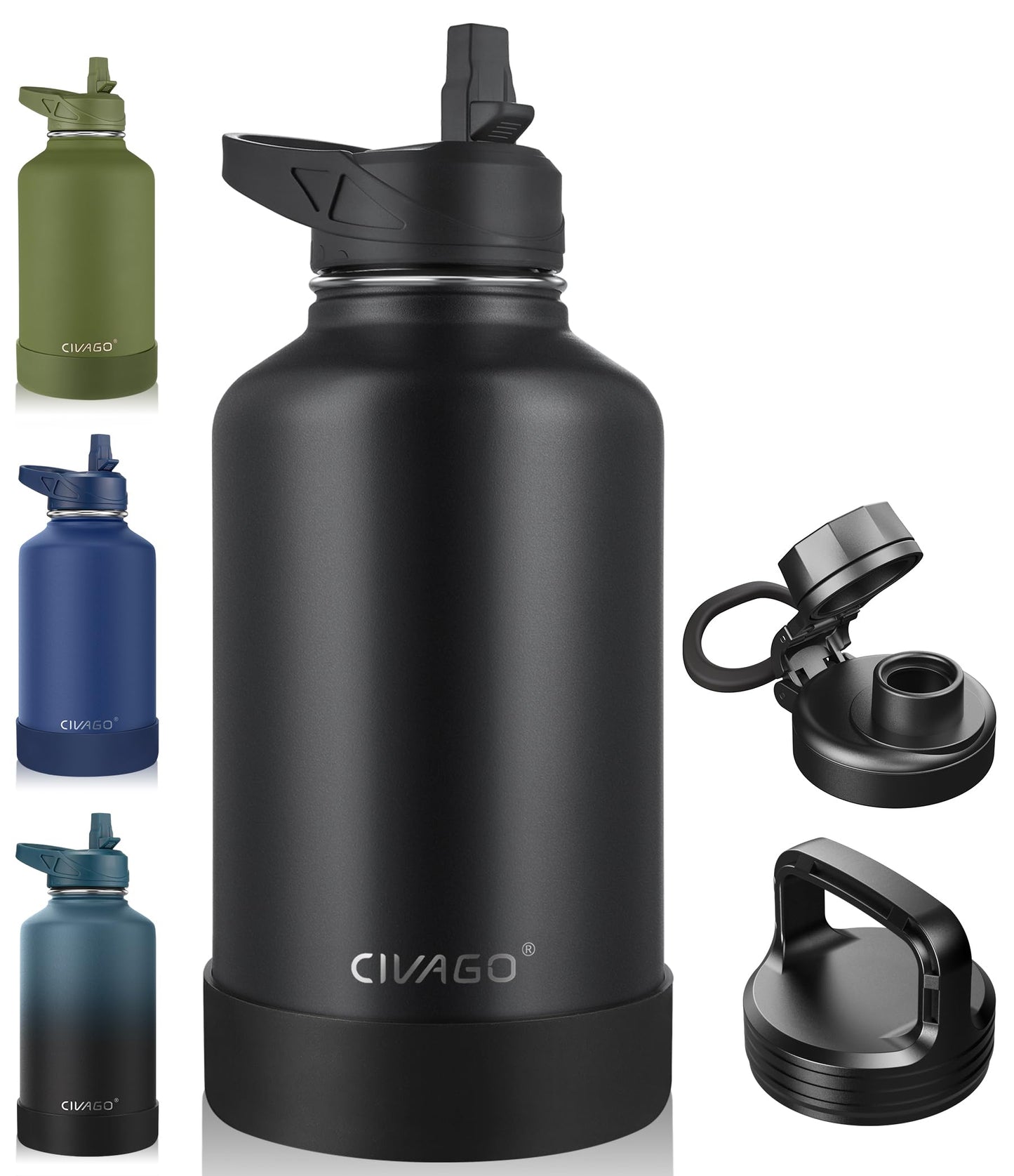 CIVAGO 40 oz Insulated Stainless Steel Water Bottle With Straw and 3 Lids | Large Metal Sports Water Jug, Leakproof Reusable Wide Mouth Thermal Flask Cup with Silicone Boot, BPA-Free, Midnight Black
