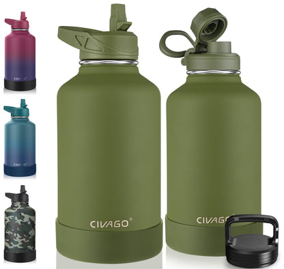 CIVAGO 40 oz Insulated Stainless Steel Water Bottle With Straw and 3 Lids | Large Metal Sports Water Jug, Leakproof Reusable Wide Mouth Thermal Flask Cup with Silicone Boot, BPA-Free, Midnight Black