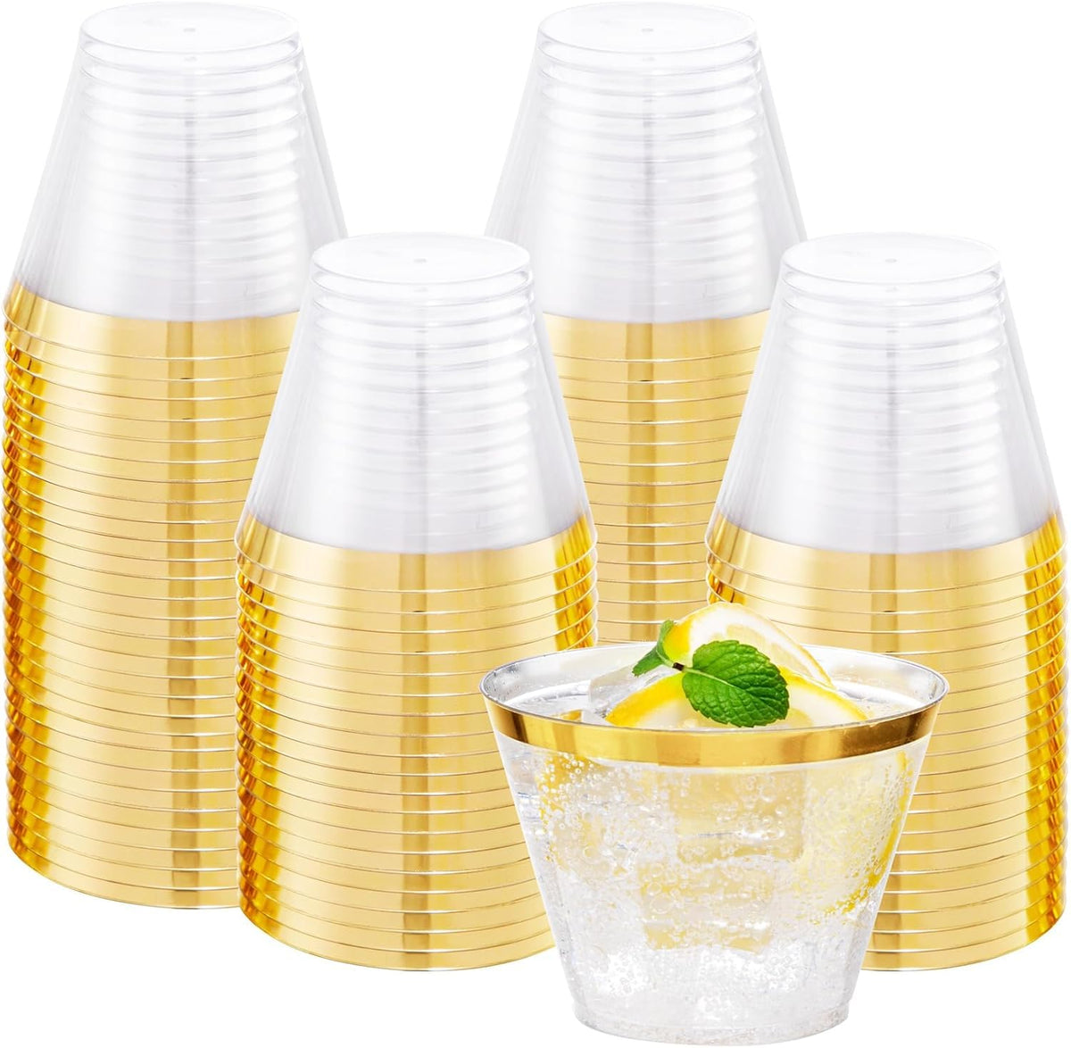 I00000 200 Pack Gold Plastic Cups, 9 Oz Elegant Clear Plastic Cups Gold Rimmed Disposable Wine Glasses Fancy Disposable Party Cup Wedding Cup Drinking Tumblers Cocktail Glasses Perfect for Party