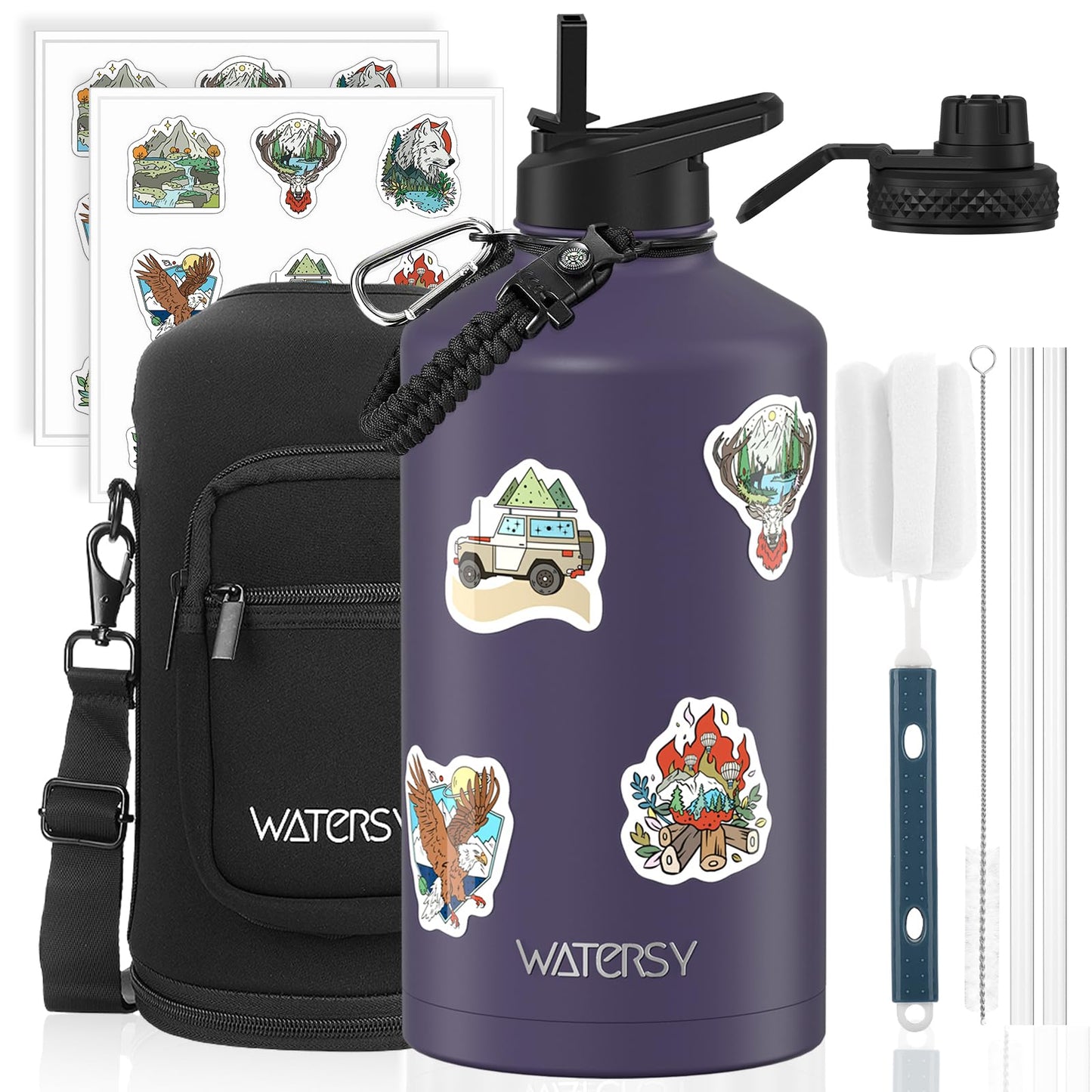 64oz Insulated Water Bottle (Cold for 48 Hrs),BPA Free&Leak Proof,Half Gallon Stainless Steel Water Flask,Water Jug with Straw Spout Lids for Gym,Hiking,Camping,Black Blue