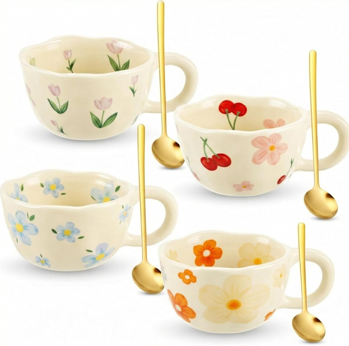 Vesici 4 Pack Ceramic Flower Coffee Mug with Spoon 8.5 oz, Cute Aesthetic Tea Cups with Handle for Tea, Milk, Latte Mugs for Coffee Bar Women Birthday Housewarming Gifts, Dishwasher Microwave Safe