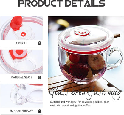 Operitacx Portable Breakfast Mug with Lid 470ml Glass Cereal Cup for Beverages and Milk, Design Suitable for Home and Outdoor Use