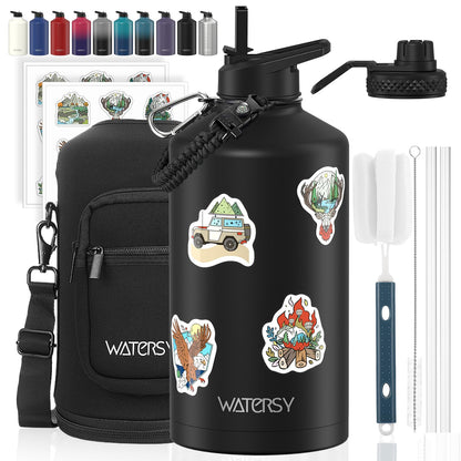 64oz Insulated Water Bottle (Cold for 48 Hrs),BPA Free&Leak Proof,Half Gallon Stainless Steel Water Flask,Water Jug with Straw Spout Lids for Gym,Hiking,Camping,Black Blue