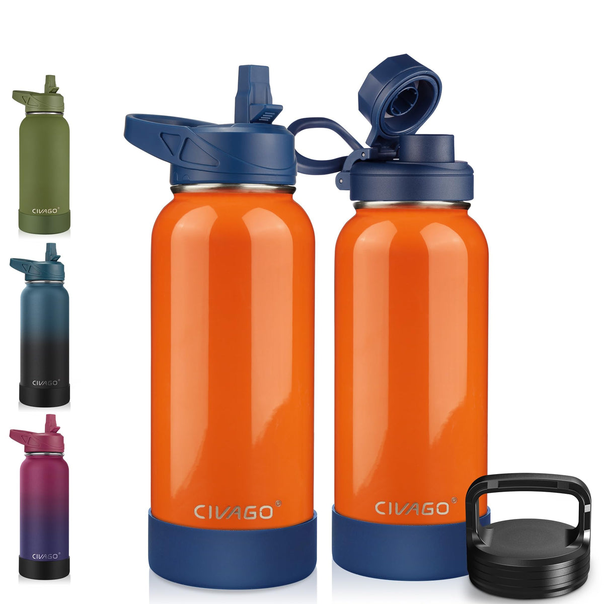 CIVAGO 40 oz Insulated Stainless Steel Water Bottle With Straw and 3 Lids | Large Metal Sports Water Jug, Leakproof Reusable Wide Mouth Thermal Flask Cup with Silicone Boot, BPA-Free, Midnight Black