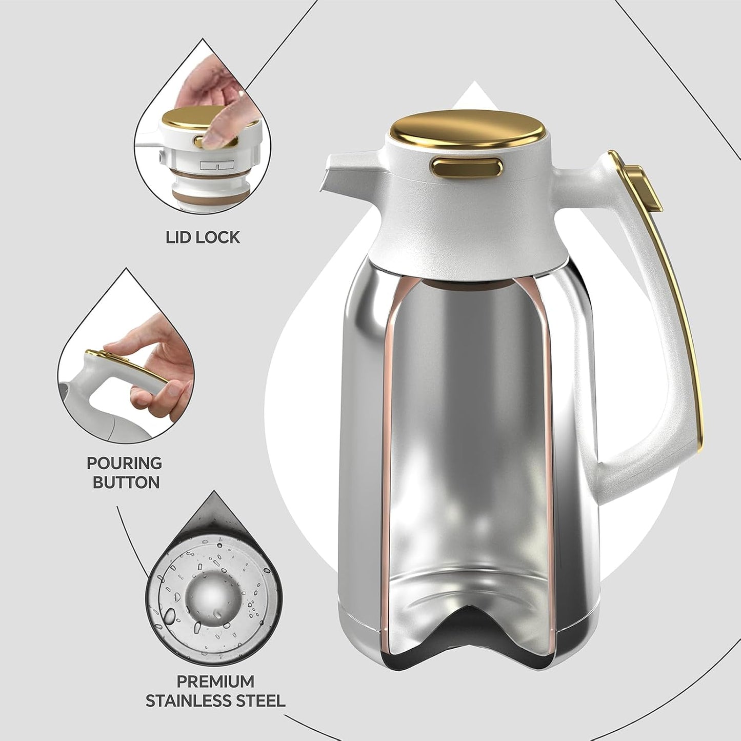 IDEUS Thermal Coffee Carafe, Stainless Steel Double Wall Insulated Vacuum Flask, Water Jug Coffee Server and Beverage Dispenser, Heat and Cold Retention (White-Gold, 68, Fluid Ounces)