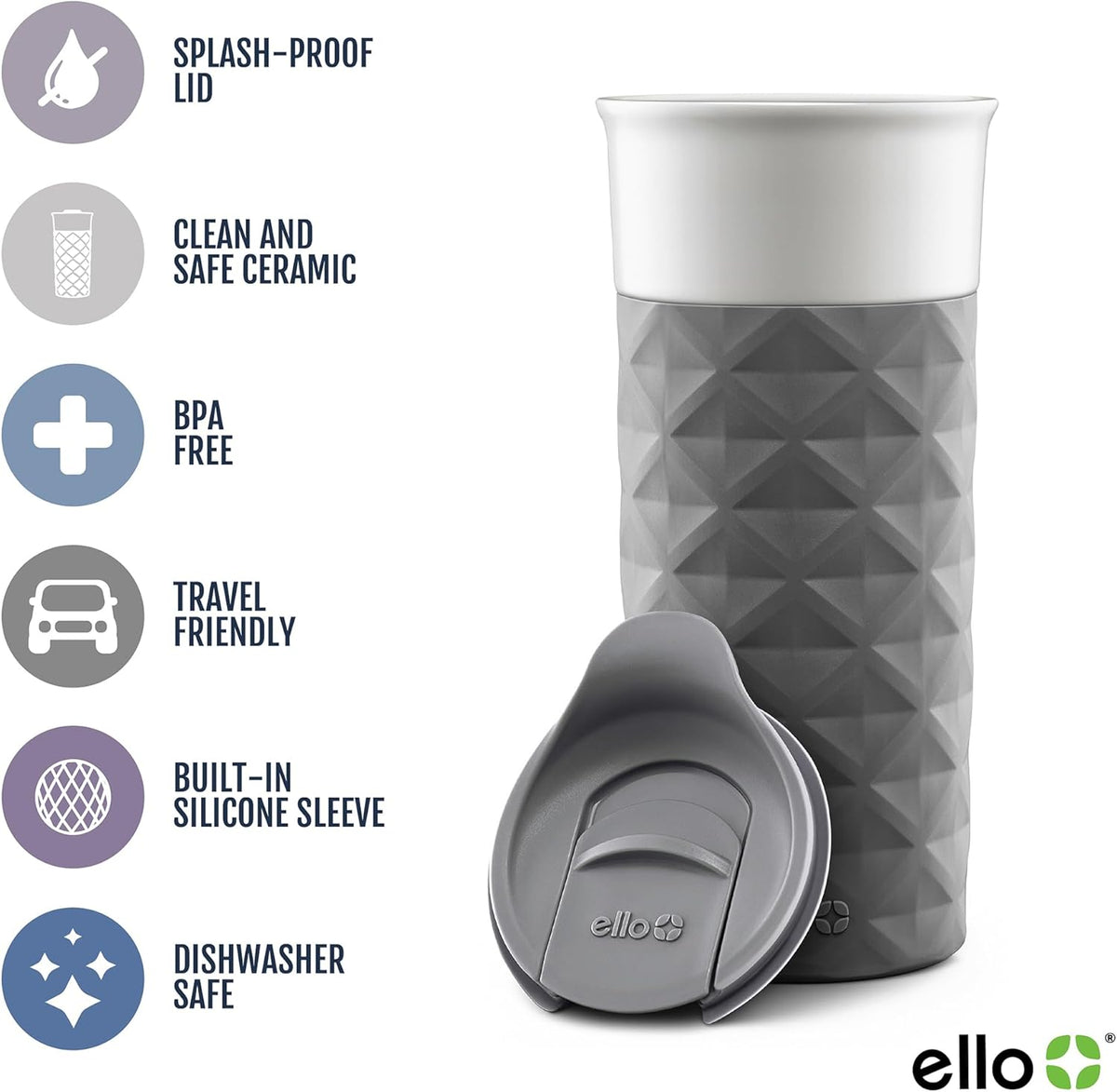 Ello Ogden Ceramic Travel Mug with Splash-Resistant Slider Lid and Protective Silicone Boot, Perfect for Coffee or Tea, BPA Free, Dishwasher Safe, Gray, 16 oz, 758-0438-040 | Splash-resistant ceramic travel mug with slider lid and protective silicone slee