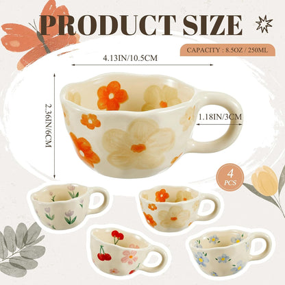 Vesici 4 Pack Ceramic Flower Coffee Mug with Spoon 8.5 oz, Cute Aesthetic Tea Cups with Handle for Tea, Milk, Latte Mugs for Coffee Bar Women Birthday Housewarming Gifts, Dishwasher Microwave Safe