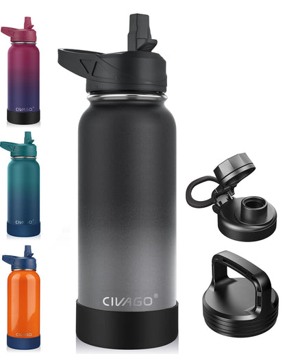CIVAGO 40 oz Insulated Stainless Steel Water Bottle With Straw and 3 Lids | Large Metal Sports Water Jug, Leakproof Reusable Wide Mouth Thermal Flask Cup with Silicone Boot, BPA-Free, Midnight Black