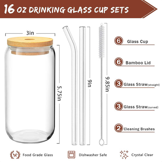 16 Oz Drinking Glasses - 6 Pcs Glass Cups with Bamboo Lids and Straws | Food-grade durable clear tumbler, Coffee bar accessories, Aesthetic gift, For beer, Iced tea, Include 2 cleaning brushes