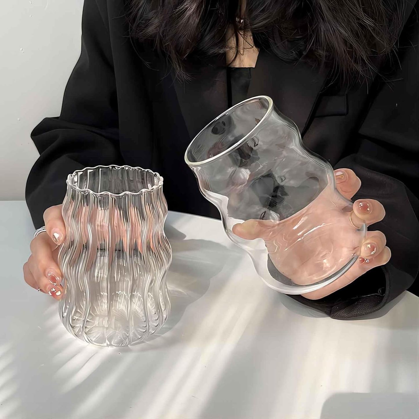 2 Pcs Ribbed Glass Cups 18 Oz Vintage Drinking Glassware Ripple Cocktail Glasses for Iced Coffee Juice Beverage Milk