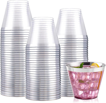I00000 200 Pack Gold Plastic Cups, 9 Oz Elegant Clear Plastic Cups Gold Rimmed Disposable Wine Glasses Fancy Disposable Party Cup Wedding Cup Drinking Tumblers Cocktail Glasses Perfect for Party