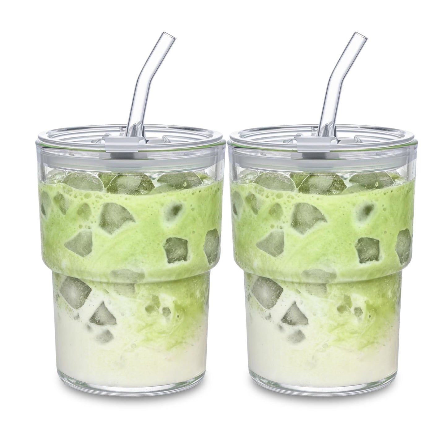 13oz Glass Tumbler with Straw and Lid Sealed, Carry On Reusable Iced Coffee Cups,Thick Wall Glass Coffee Drinking Glassware Cups