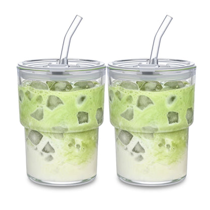 13oz Glass Tumbler with Straw and Lid Sealed, Carry On Reusable Iced Coffee Cups,Thick Wall Glass Coffee Drinking Glassware Cups