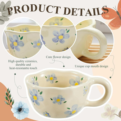 Vesici 4 Pack Ceramic Flower Coffee Mug with Spoon 8.5 oz, Cute Aesthetic Tea Cups with Handle for Tea, Milk, Latte Mugs for Coffee Bar Women Birthday Housewarming Gifts, Dishwasher Microwave Safe