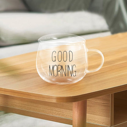 Heat-resistant Glass Milk Cup with Handle, Beverage Mug for Breakfast Cereal and Tea, Sturdy Glass Drinking Cup with Lid for Household Use