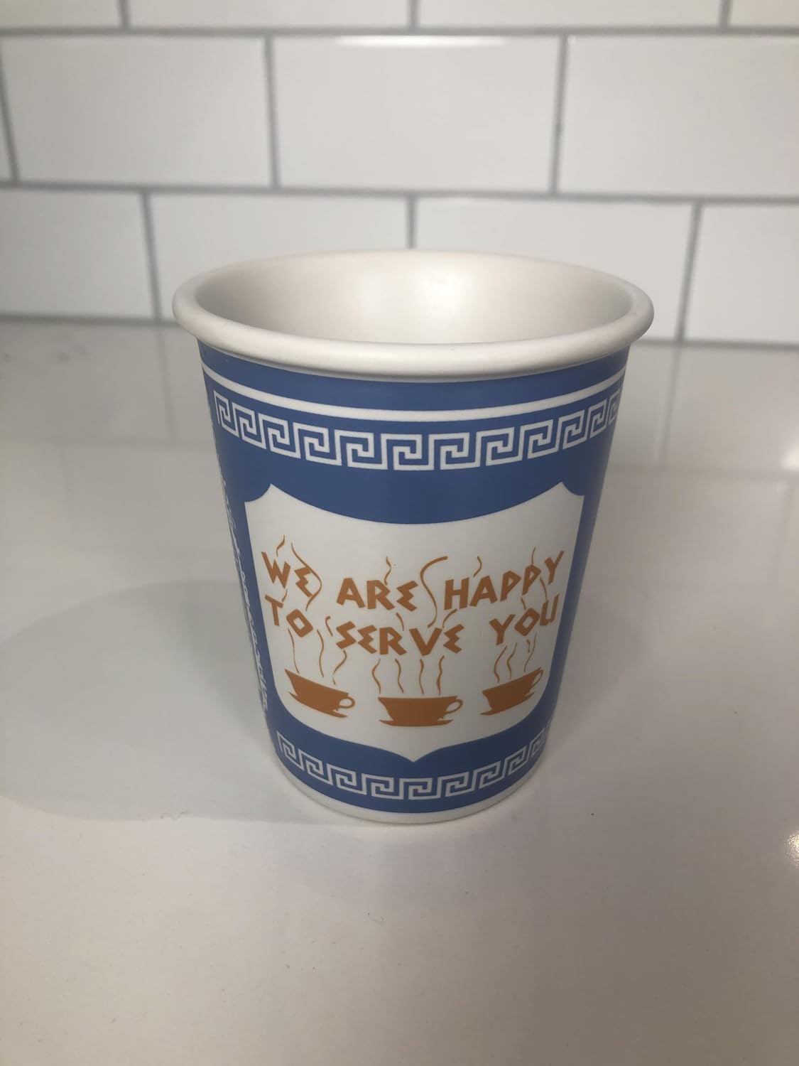 ExceptionLab 10 oz Ceramic New York City Greek Coffee Cup "We are Happy to Serve You"