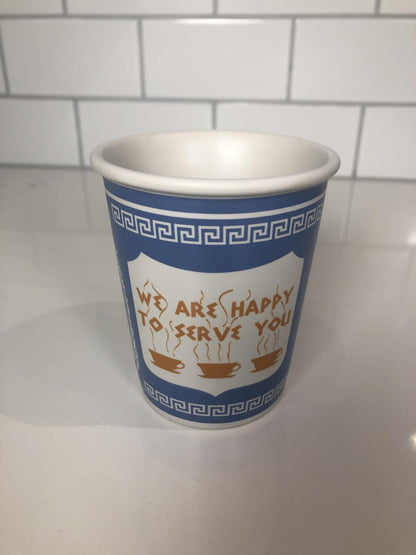 ExceptionLab 10 oz Ceramic New York City Greek Coffee Cup "We are Happy to Serve You"