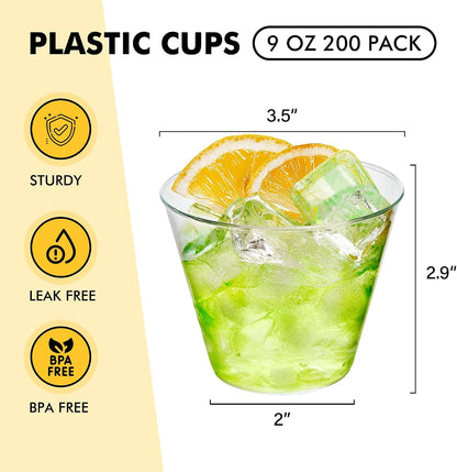 RACETOP 200 Pack 9 oz Clear Plastic Cups for Party | Disposable Clear Cup, Disposable Cups, Wine Glasses Cups, Plastic Cocktail Glasses