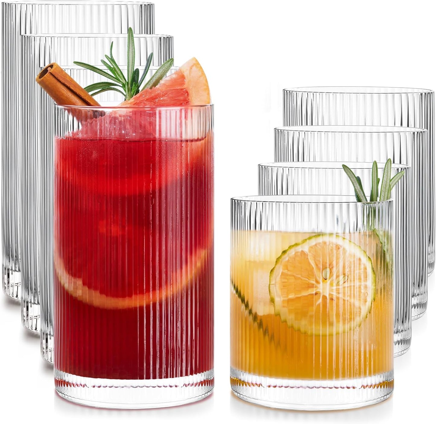 Drinking Water Glass Cups Set,Crystal Clear ribbed Glass set of 8,17oz&12oz | Unique Design Vintage Cocktail Glass, Tall Glass Cups Ideal for Ice Coffee Cup, Whiskey, Mixed Drinkware