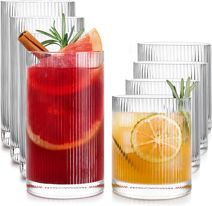 Drinking Water Glass Cups Set,Crystal Clear ribbed Glass set of 8,17oz&12oz | Unique Design Vintage Cocktail Glass, Tall Glass Cups Ideal for Ice Coffee Cup, Whiskey, Mixed Drinkware