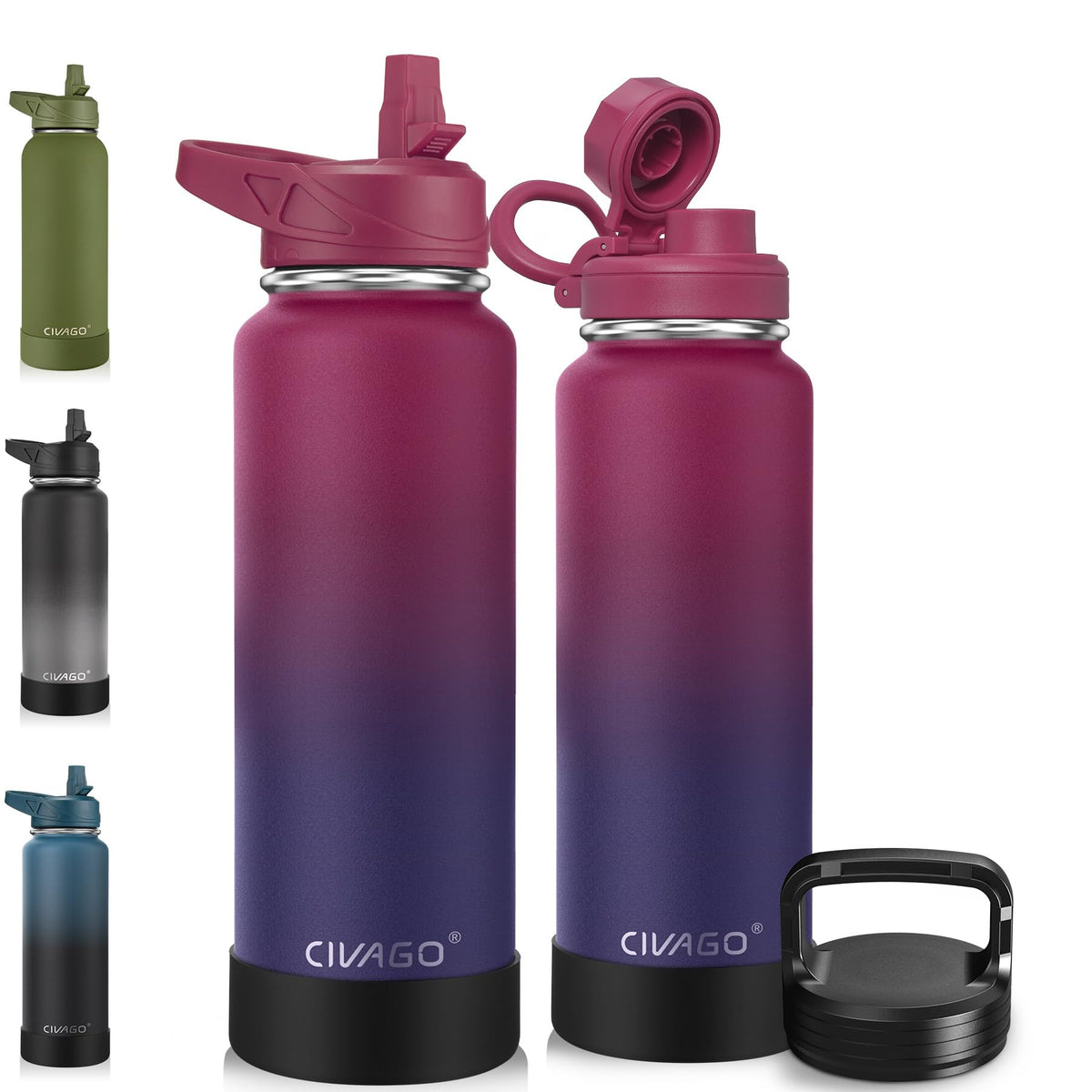 CIVAGO 40 oz Insulated Stainless Steel Water Bottle With Straw and 3 Lids | Large Metal Sports Water Jug, Leakproof Reusable Wide Mouth Thermal Flask Cup with Silicone Boot, BPA-Free, Midnight Black