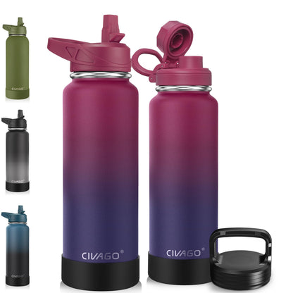CIVAGO 40 oz Insulated Stainless Steel Water Bottle With Straw and 3 Lids | Large Metal Sports Water Jug, Leakproof Reusable Wide Mouth Thermal Flask Cup with Silicone Boot, BPA-Free, Midnight Black