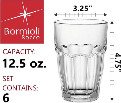Bormioli Rocco Rock Bar Stackable Beverage, Set Of 6 Dishwasher Safe Drinking Glasses For Soda, Juice, Milk, Coke, Beer, Spirits – 12.5oz Durable Tempered Glass Water Tumblers For Daily Use