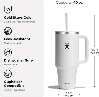 Hydro Flask Travel Tumbler with Handle, Lid and Straw - Insulated Stainless Steel in 40 Oz Agave