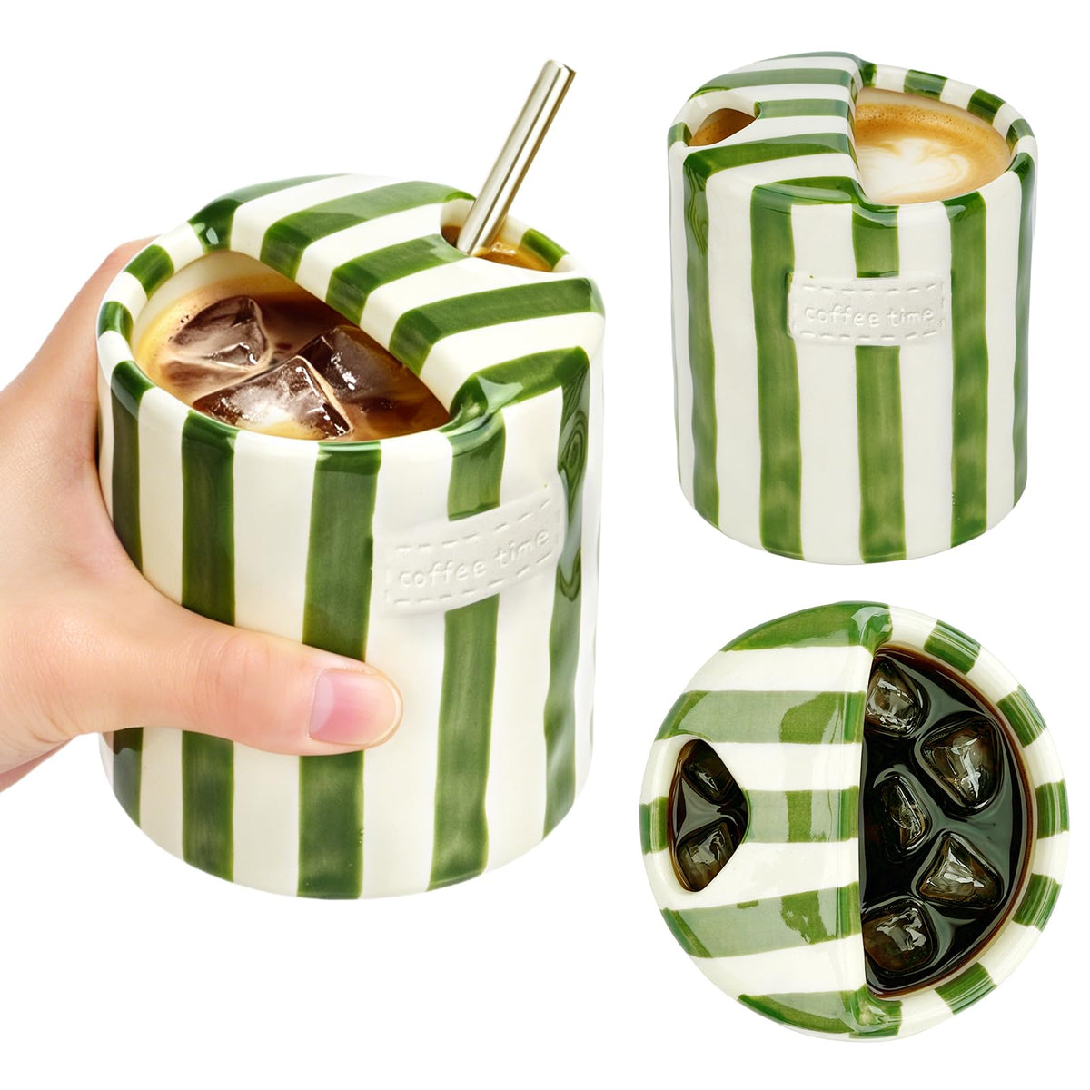 Ceramic Coffee Mug Novelty Ceramic Travel Mug Cute Espresso Cups To Go Anthropologie Latte Cups Aesthetic Green Pottery Mugs With Sip Hole 10oz Clay Striped Vintage Handmade Coffee Cup for Home