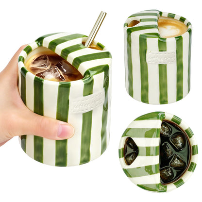 Ceramic Coffee Mug Novelty Ceramic Travel Mug Cute Espresso Cups To Go Anthropologie Latte Cups Aesthetic Green Pottery Mugs With Sip Hole 10oz Clay Striped Vintage Handmade Coffee Cup for Home