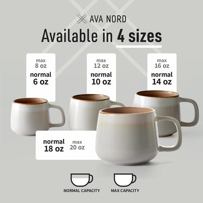 Ava Nord Large Stoneware Ceramic Coffee Mugs Set of 4 | 16 oz | Sage Ash | Lead-Free, Non-Toxic, Freezer - Microwave & Dishwasher Safe, Comfortable Handle, Aesthetic Nordic Design for Latte, Tea