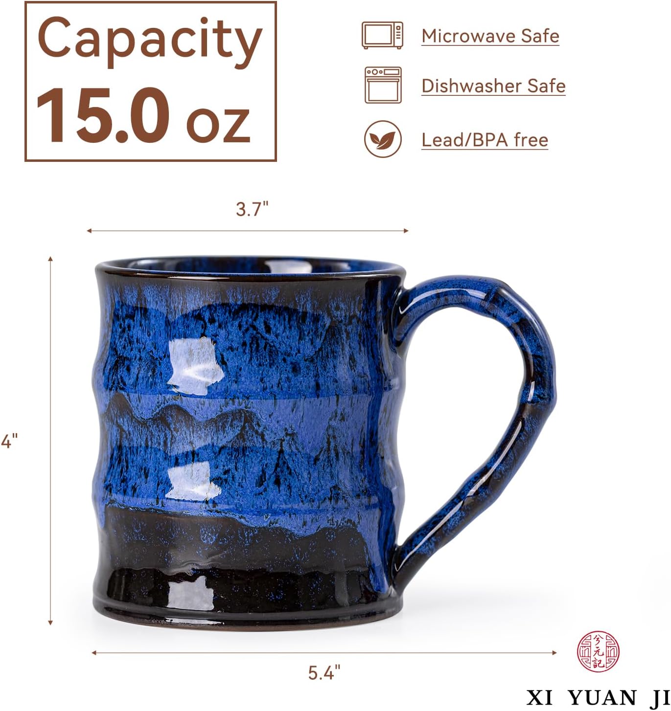 Midnight Blue Ceramic Coffee Mug 15oz - Handcrafted Artisan Mug with Large Handle for Comfort, Unique Birthday Gift for Him/Her, Office Desk Essential, Safe for Dishwasher
