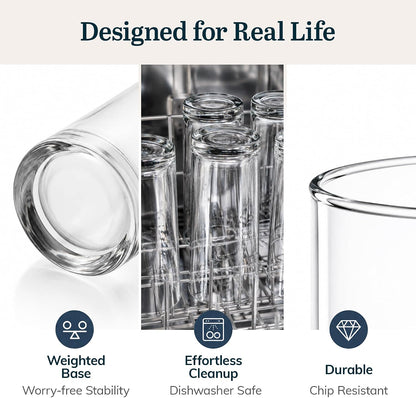 Heavy Base Drinking Glasses Set of 8, Weighted Clear Water Cups | 15.5 oz Capacity for Water, Juice, Soda, Cocktails, and More with Weighted Base and Dishwasher-Safe Cleanup
