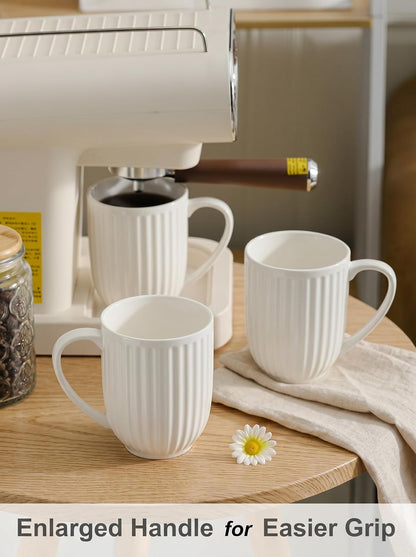 HASENSE Textured Large Coffee Mugs Set of 4, 16 Oz Ribbed Ceramic Cups with Large Handle for Latte Tea Cappuccino, Stackable Embossed Mug Set for Mom Dad, Microwave Dishwasher Safe, Creamy White