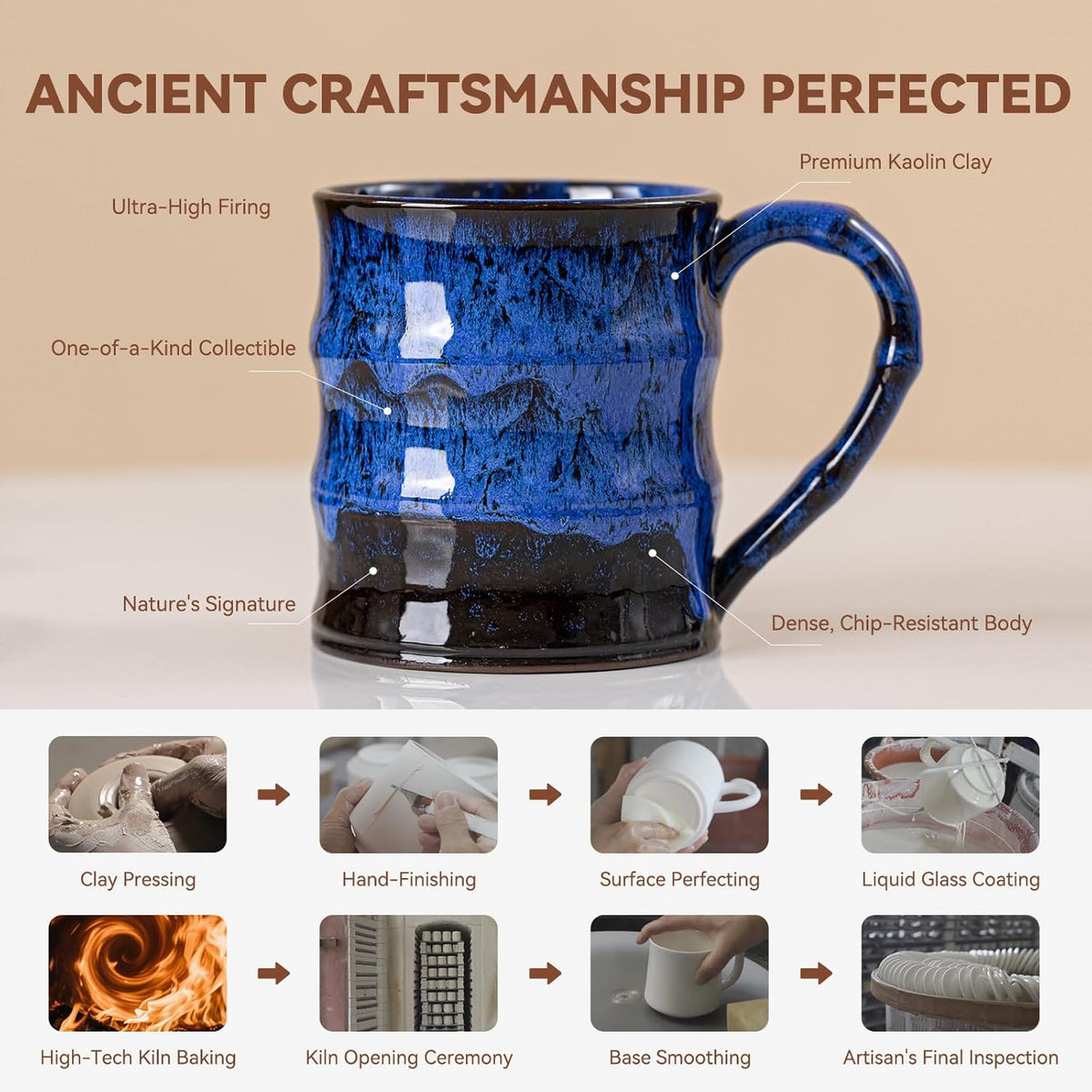 Midnight Blue Ceramic Coffee Mug 15oz - Handcrafted Artisan Mug with Large Handle for Comfort, Unique Birthday Gift for Him/Her, Office Desk Essential, Safe for Dishwasher