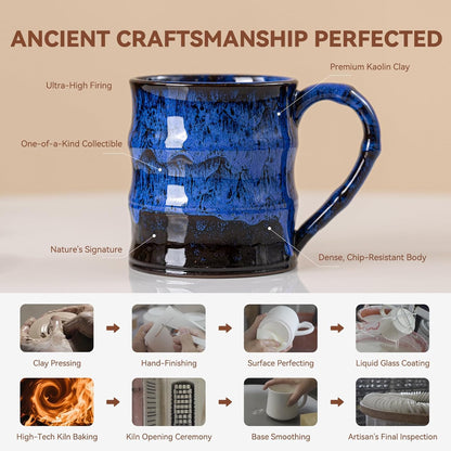 Midnight Blue Ceramic Coffee Mug 15oz - Handcrafted Artisan Mug with Large Handle for Comfort, Unique Birthday Gift for Him/Her, Office Desk Essential, Safe for Dishwasher