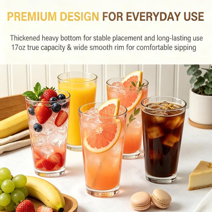 QAPPDA Drinking Glasses Set of 12, 16 oz Clear Glass Cups Cocktail Glasses | Highball Drinking Tumbler Glass Design for Home Dining, Bars, Pubs and Parties & Dishwasher Safe