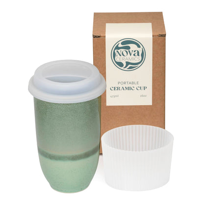 NOVA CERAMICS Travel Mug On the Go Coffee Mug Microwave & Dishwasher Safe Green Tumbler - Gifts For Women Men 16oz Afterglow