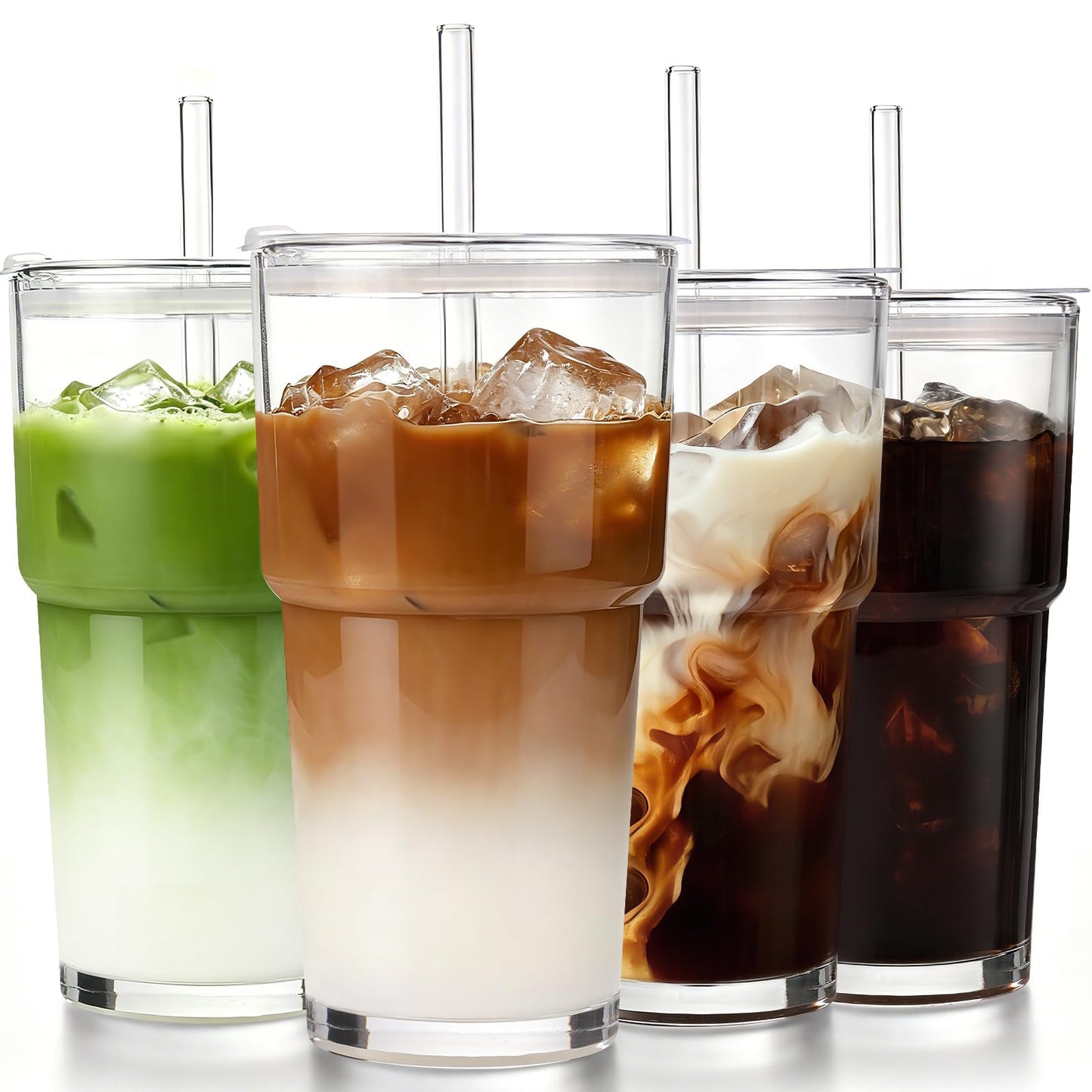 Iced Coffee Cups with Lids: Coffee Bar Accessories - Ribbed Glass Tumbler with Straw and Lid 4Pcs - 20oz Leak Proof Tumbler - Reusable Glass Cups and Tumblers with Lid and Straws for To Go Iced Coffee