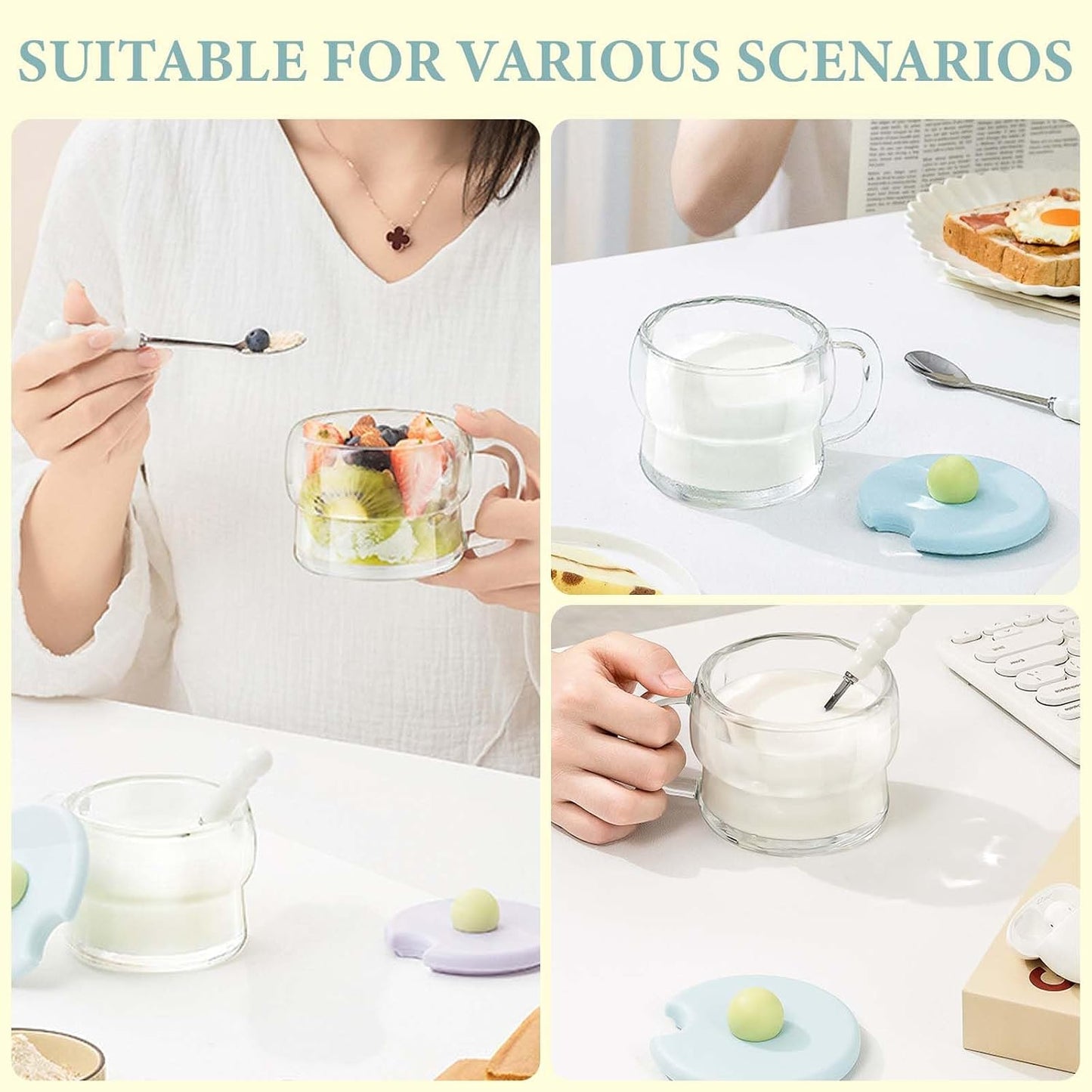 300ml Coffee Mugs, Breakfast Cups with Lid and Spoon, Coffee Cups Glass, Juice Cup, Glass Coffee Cup for Milk, Coffee, Oats, Yogurt, Oatmeal (Transparent)